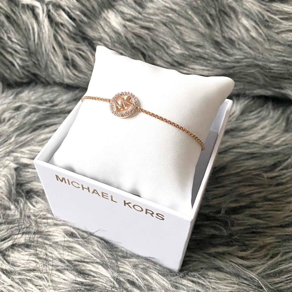 NWT authentic MK rosegold tone logo pave adjustable bracelet